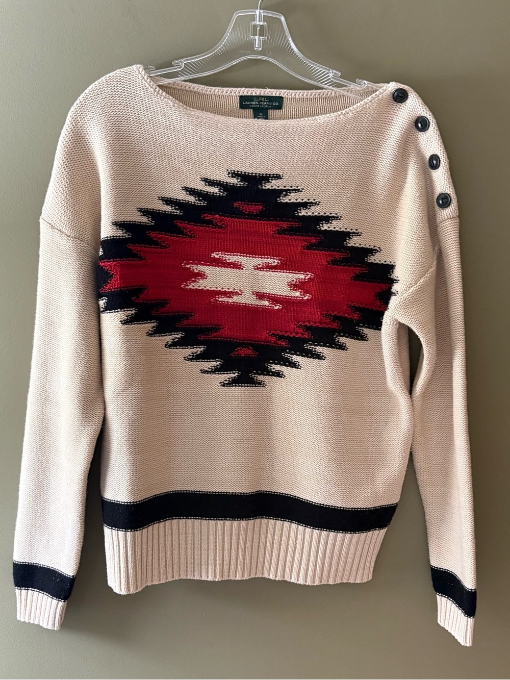Lauren Ralph Lauren Women’s Aztec-Print Button-Shoulder Sweater Size M Ta